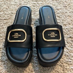 Coach Eloise Sandal Women's Black Slip on Leather Upper Comfort Logo Des…